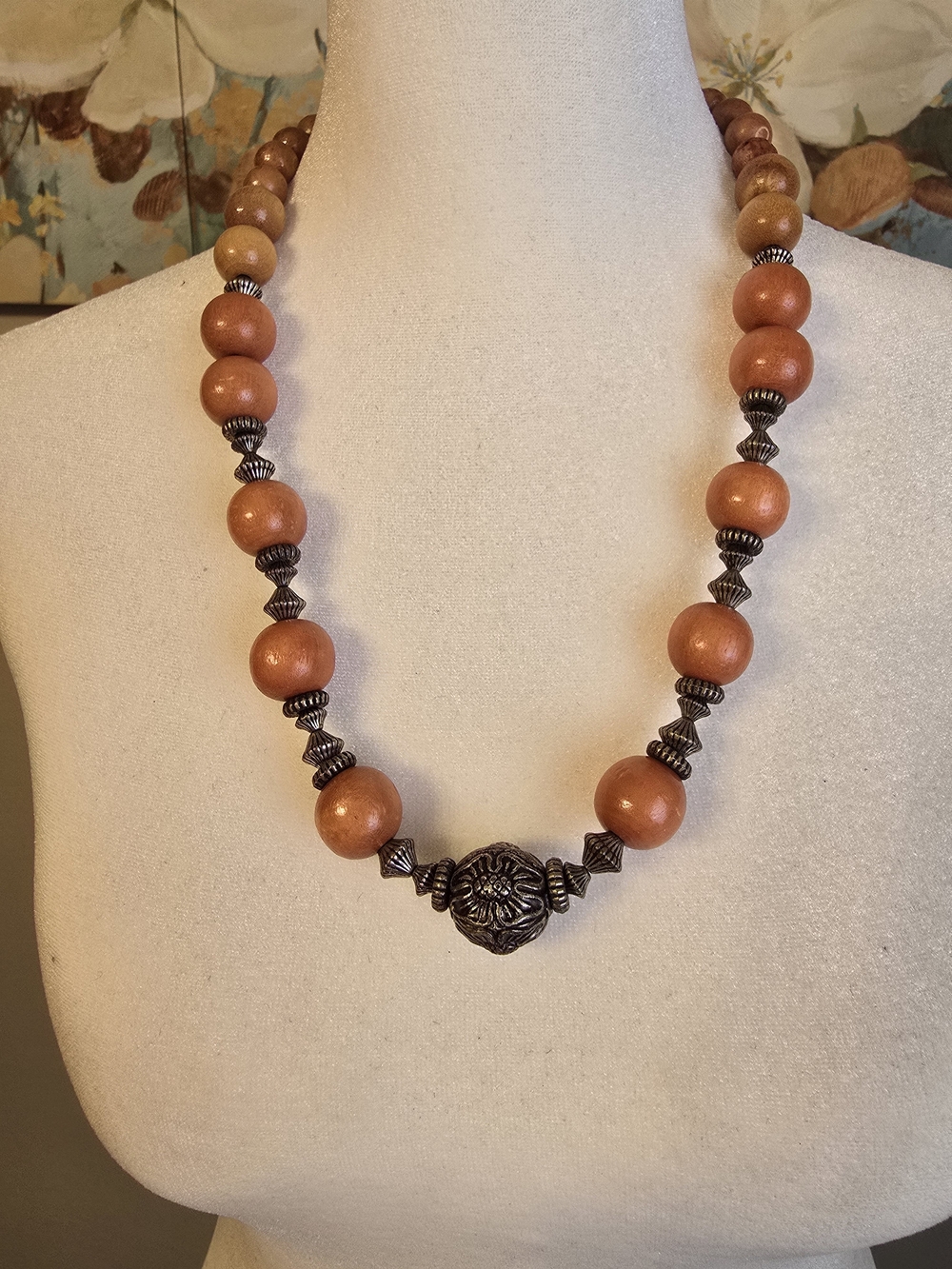 Brown Wooden Bead Necklace with Antique Silver-Tone Accents. Vintage